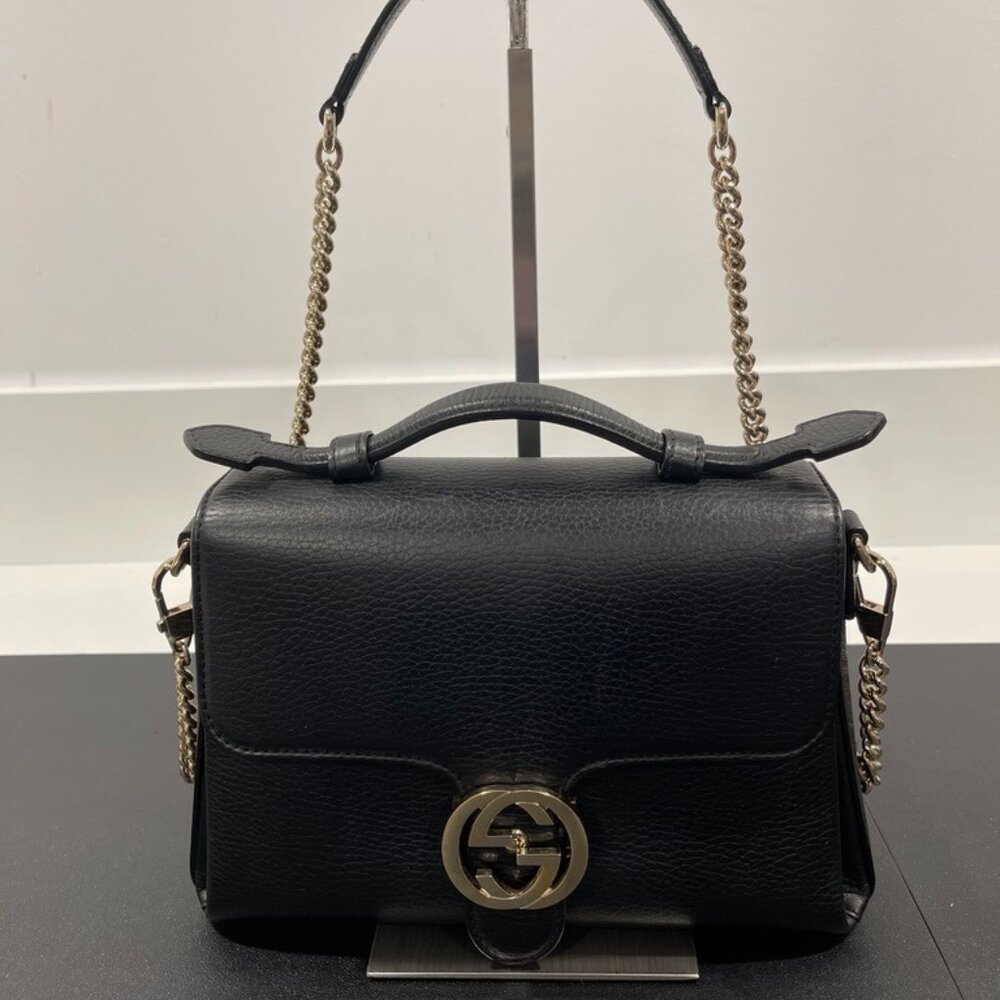 Gucci Leather Interlocking G Black Pebble Leather (JB1280)